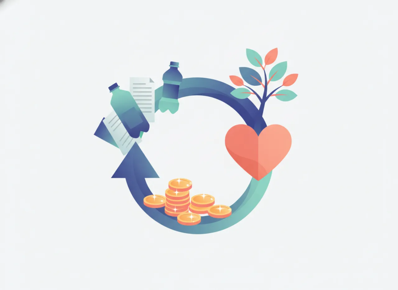 Recyclables turning into coins and a growing tree