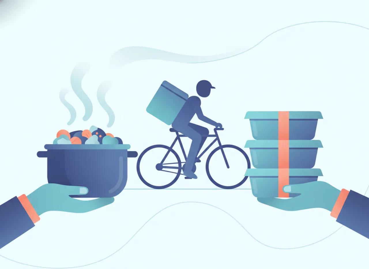 A pot of food and meal boxes being shared
