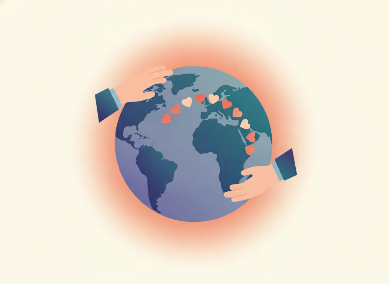 Hearts travelling across a globe between continents