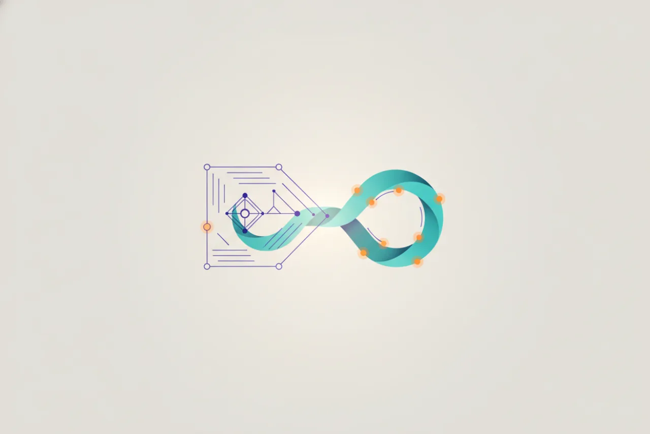 Two interlocking forms — precise engineering geometry meeting a flowing product ribbon